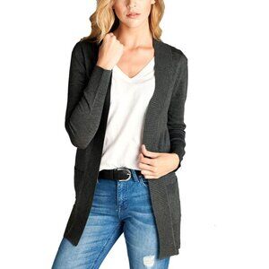 Active Basic Lightweight Open-Front Charcoal Grey Cardigan With Pockets